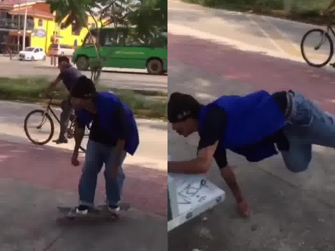 Damn! Guy collides with a bench after falling off his skateboard