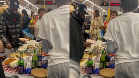 Thanksgiving Dinner Was Shared and Consumed Communally on a Table in a New York Subway Car