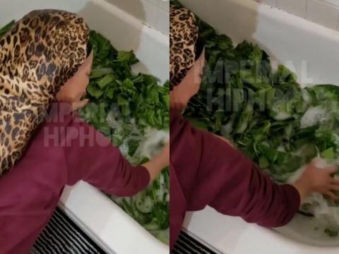 Mama Washing Her Collard Greens for Thanksgiving in the Bathtub
