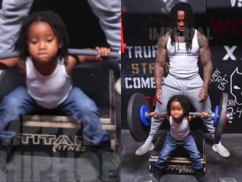 Son, Who Is Still Quite Young, Lifts Weights with the Help of Dad