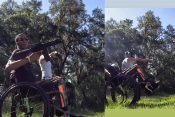 Because Of The Blowback From The Submachine Gun While Shooting, This Man Lost Control Of His Wheelchair