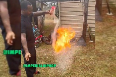 To Demonstrate That Powered Coffee-Mate Creamer Is Flammable, A Man Lights Some Of It Using A Lighter