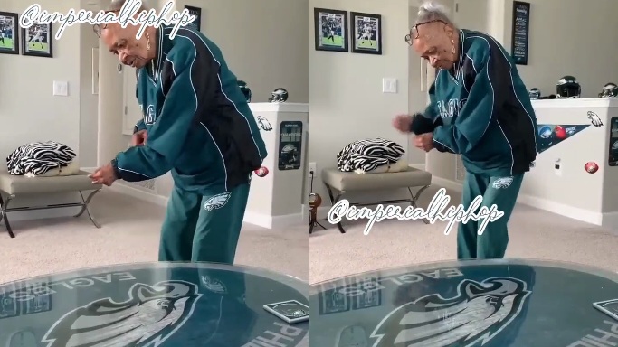 Grandma Doing the Two Step While Sporting Philadelphia Eagles Attire