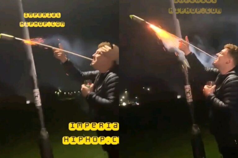 An individual ignites a skyrocket firework in his mouth, and then this occurred: he came dangerously close to destroying his face.