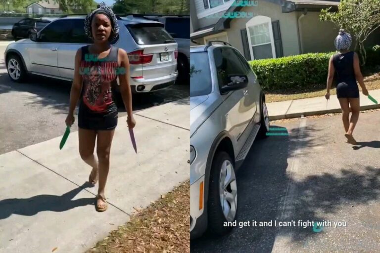Toxic Relationship: Woman Damages Her Boyfriend’s Car With Two Knives In Her Hand And Chases Him Down With The Same Two Knives