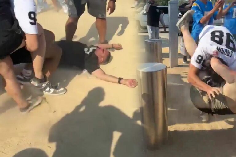 After the game, a raiders fan gets knocked out and his woman gets body-slammed
