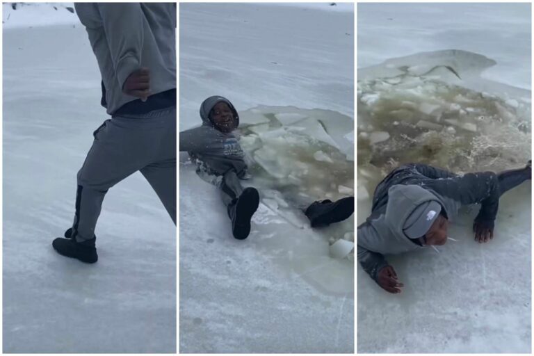 A Guy Tries to Walk Across a Frozen Lake, The Ice Cracks, and Guy Almost Falls All the Into Frozen Water