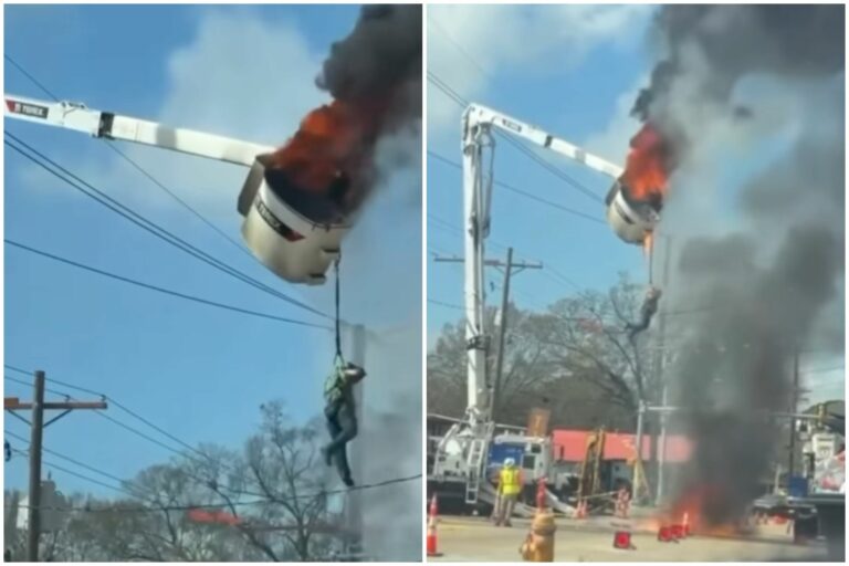 Up in Flames: Worker Takes a Tumble from Blazing Bucket Truck